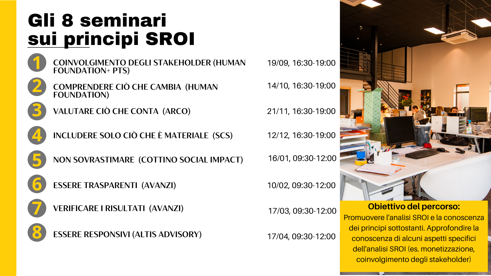 I programmi dei seminari online sugli 8 principi SROI